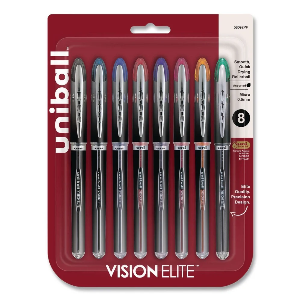 uni-ball VISION ELITE 0.5 mm Stick Hybrid Gel Pen - Assorted Ink and Barrel Colors/Fine (8-Piece/Set)