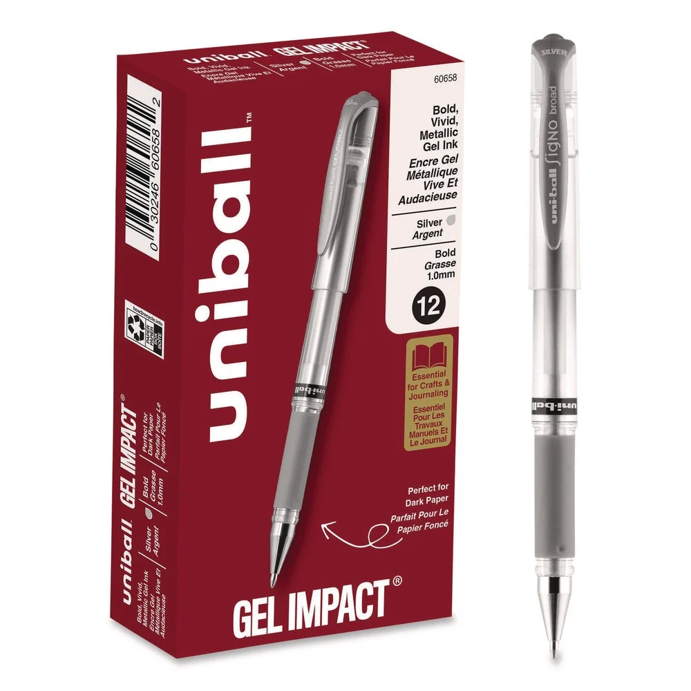 uni-ball IMPACT Medium 1 mm Stick Gel Pen - Silver Metallic Ink/Silver Barrel