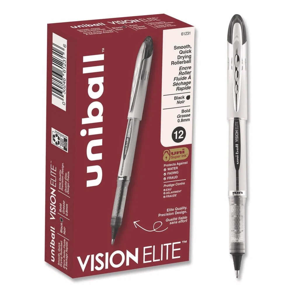 uni-ball VISION ELITE Bold 0.8 mm Black Ink Stick Hybrid Gel Pen - White/Black/Clear Barrel