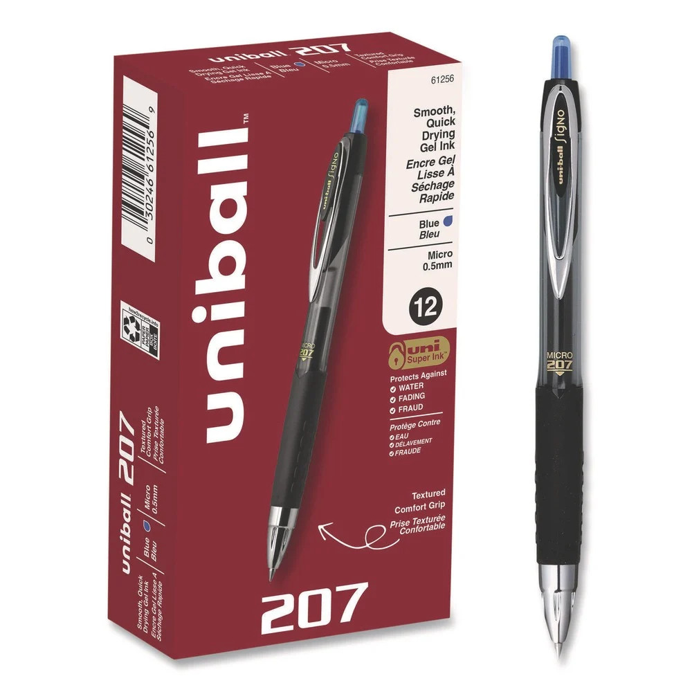 uni-ball Signo 207 0.5 mm Retractable Gel Pen - Blue Ink/Smoke/Black/Blue Barrel/Fine (1-Dozen)