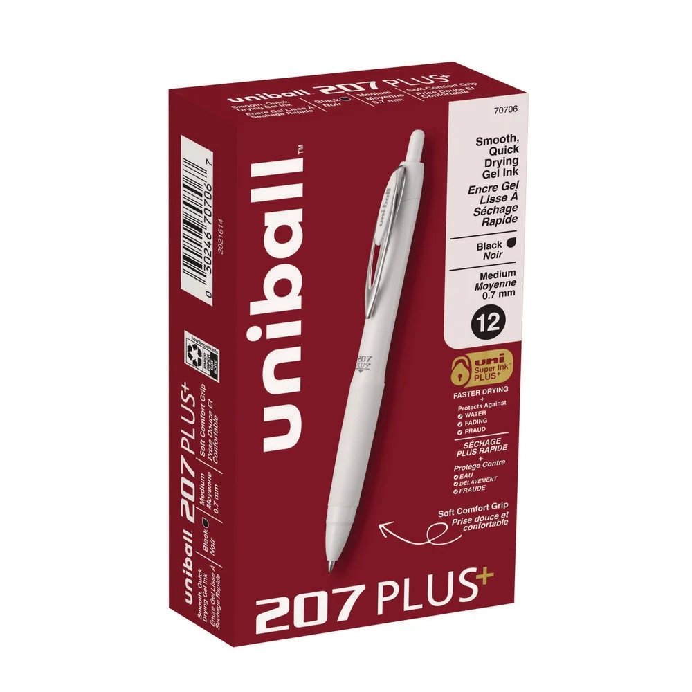 uni-ball Medium 0.7 mm 207 Plusplus Retractable Gel Pen - Black Ink, White Barrel (1-Dozen)