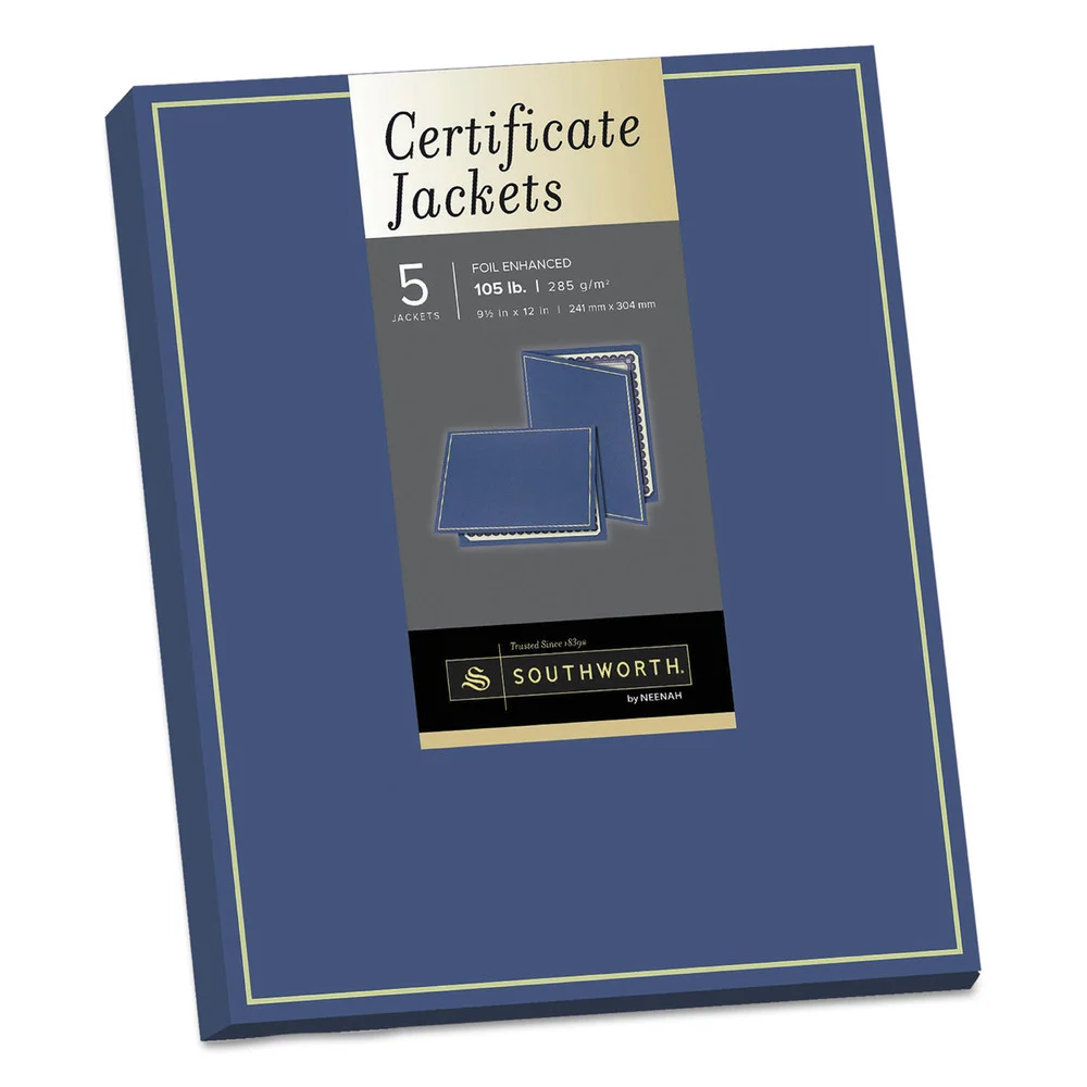 Southworth 12 in. x 9.5 in. 88 lbs. Felt Finish Stock Certificate Jacket - Navy/Gold Border (5/Pack)