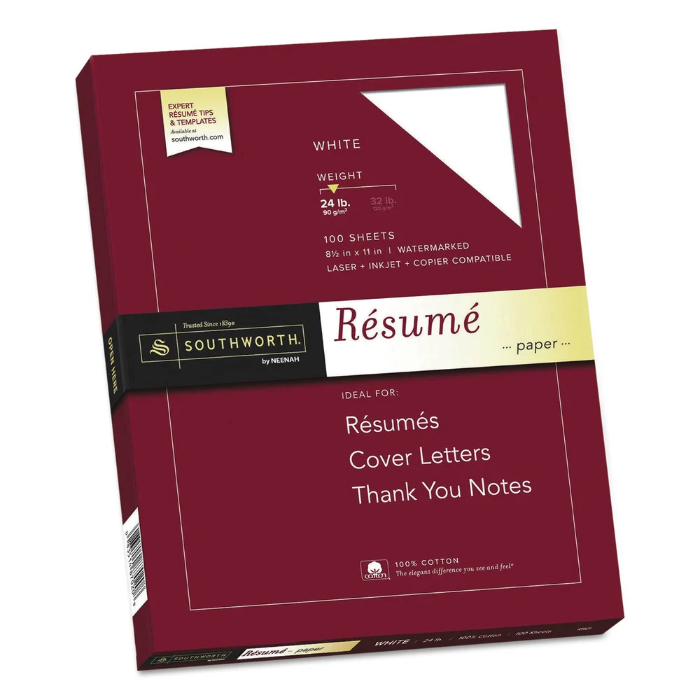 Southworth 24 lbs. Bond Weight 95 Bright 100% Cotton 8.5 in. x 11 in. Resume Paper - White (100/Box)
