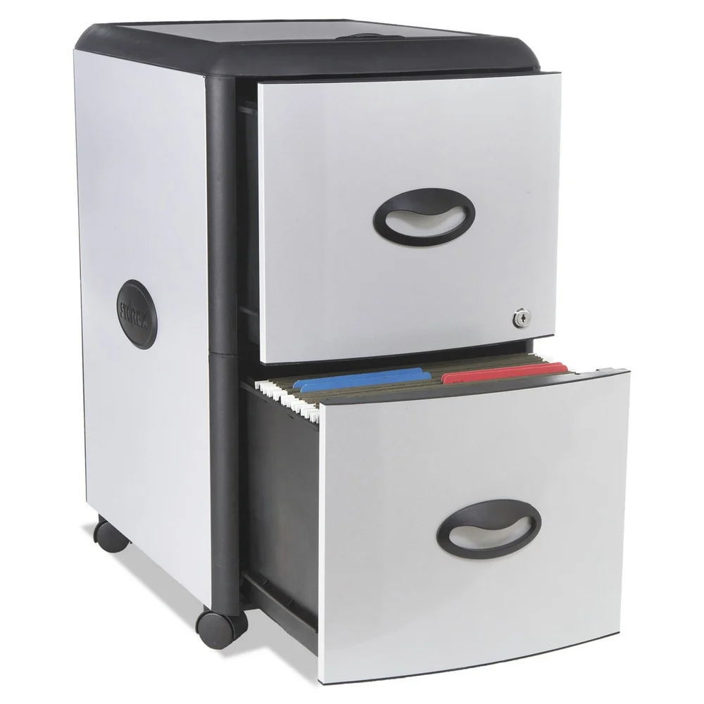 Storex 19 in. x 15 in. x 23 in. 2 Letter File Drawers Mobile Filing Cabinet with Metal Siding and Top-Drawer Organizer Tray - Silver/Black