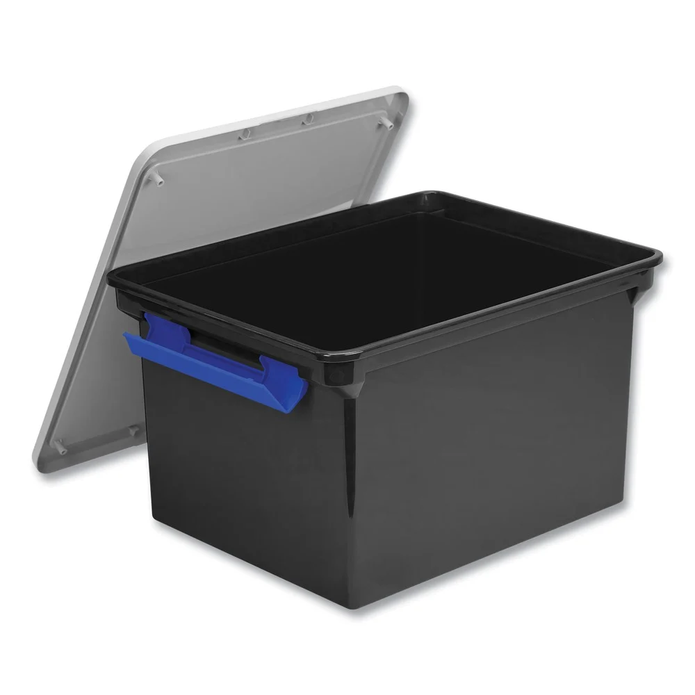 Storex 13.9 in. x 18.3 in. x 10.6 in. Legal/Letter Tote with Locking Handles - Black/Silver/Blue (4/Carton)