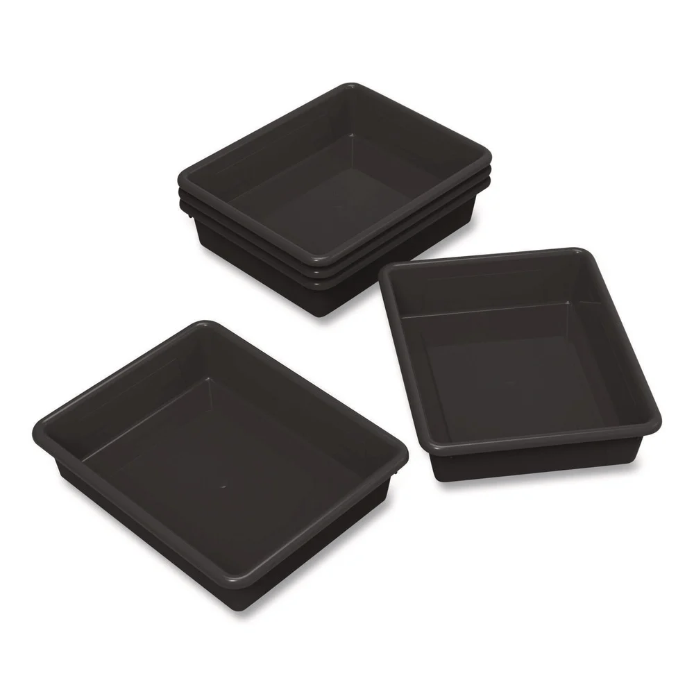 Storex Storage Tray, Flat, 0.8 gal, 10.65-in x 10.65-in x 2.96-in, Black, 5/Pack