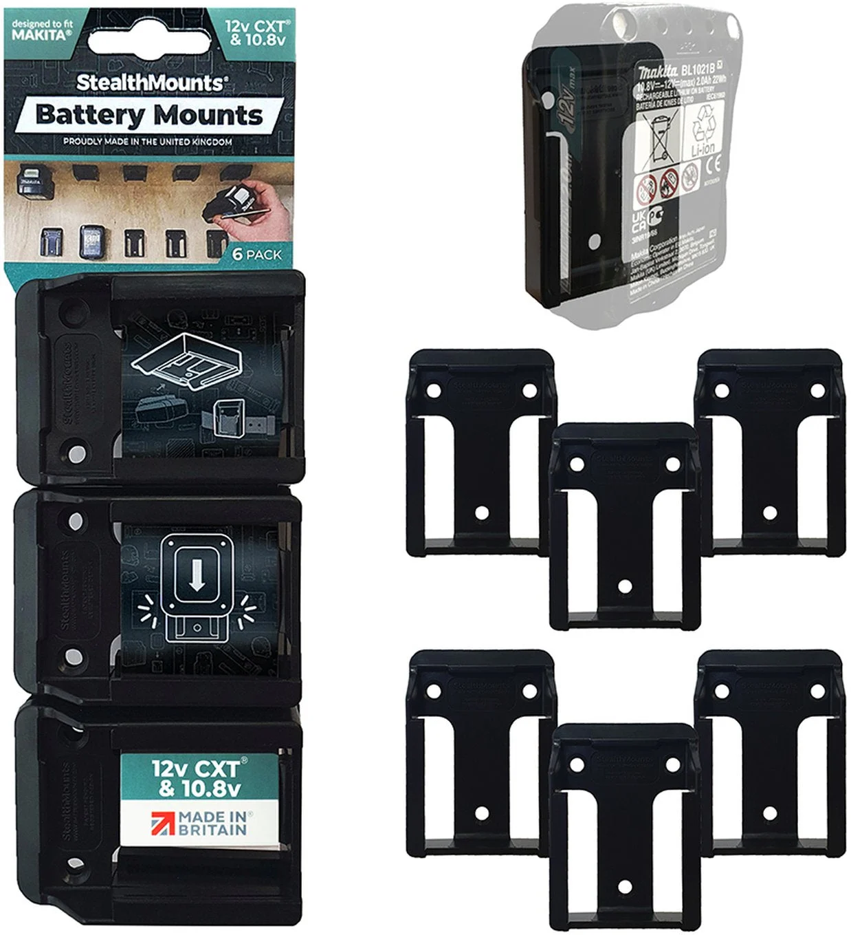 StealthMounts Battery Mounts for Makita 10.8V / 12V CXT Black, 6-Pack