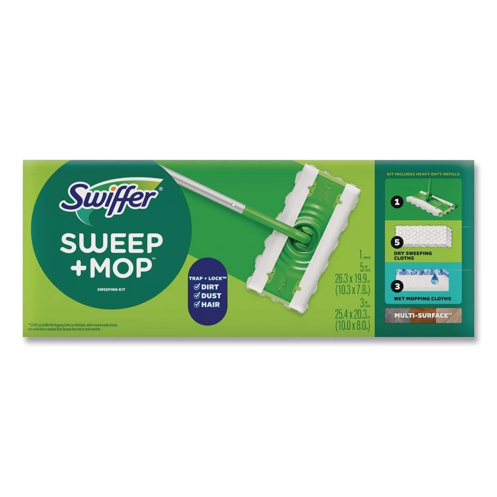 Swiffer 80810204 Sweep and Mop 12.4 in. x 2.95 in. 2-in-1 Dry/Wet Floor Mopping and Sweeping Kit - Silver Plastic Handle (6/Kit)