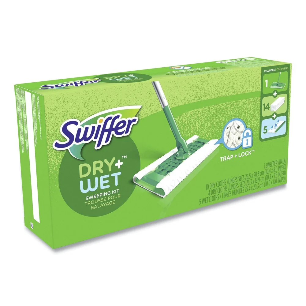 Swiffer 10 in. x 4.8 in. Cloth Head 46 in. Aluminum/Plastic Handle Sweeper Mop - White Head Silver/Green Handle