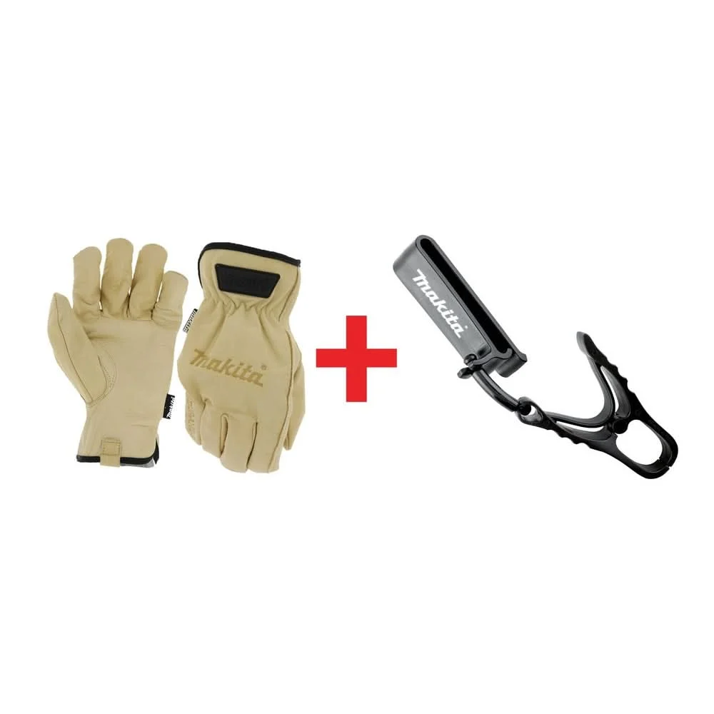 Makita 100% Genuine Leather Cow Driver Gloves, XL with Glove Holder Clip