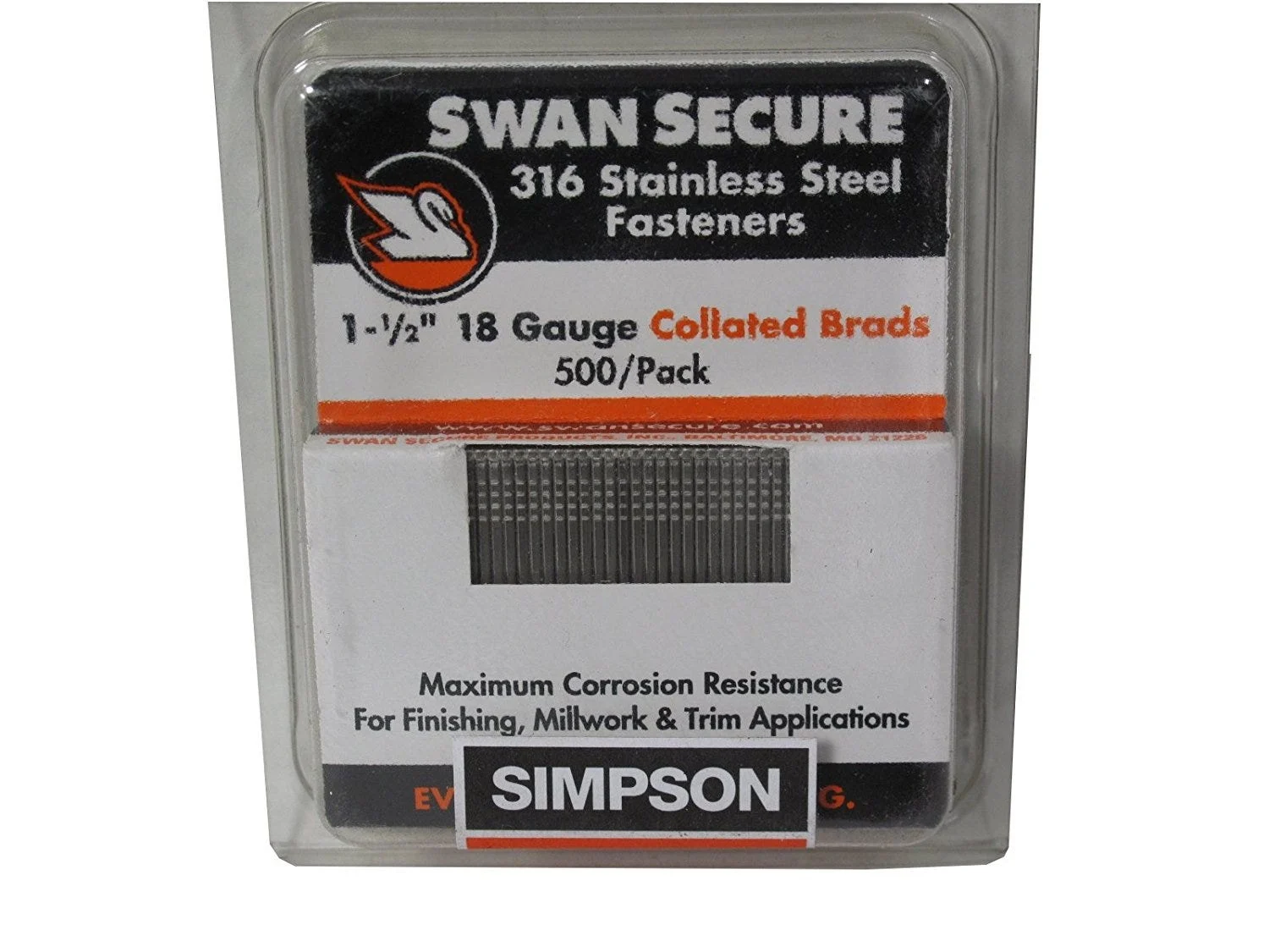 Swan Secure T18N150FNB Stainless Steel 1-1/2" 18 Gauge Nails, 500-Pack