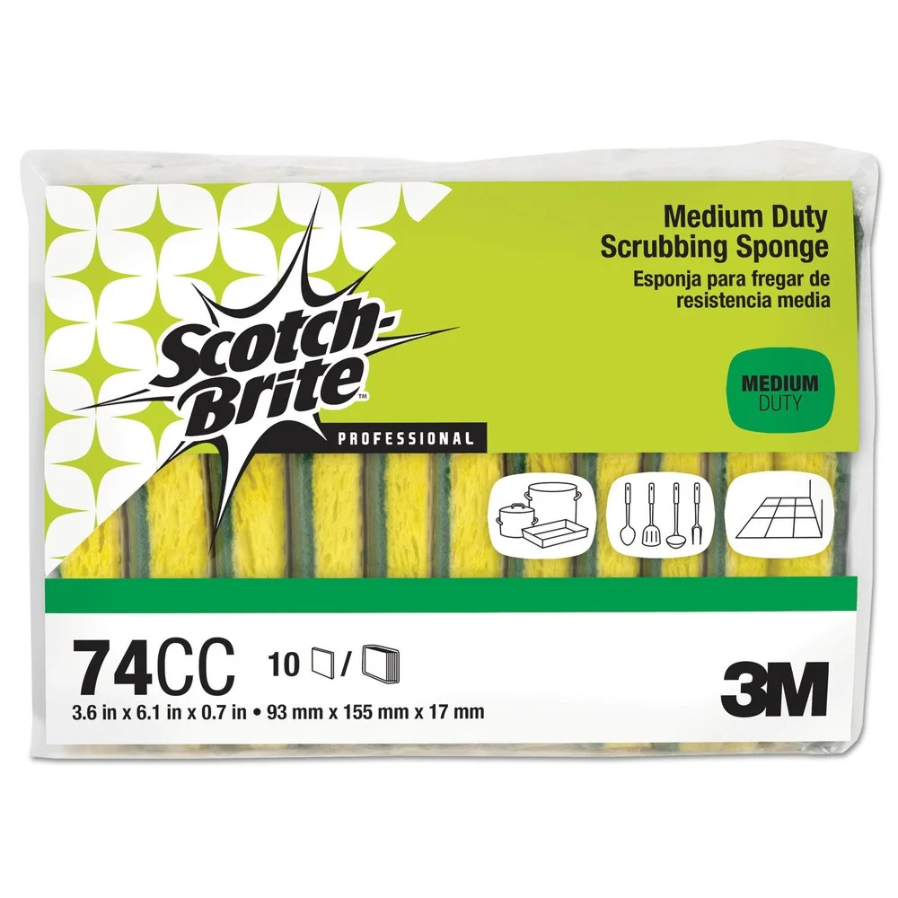 Scotch-Brite PROFESSIONAL 74CC 3.6 in. x 6.1 in. 0.7 in. Thick Medium-Duty Scrubbing Sponge - Yellow/Green (10/Pack)