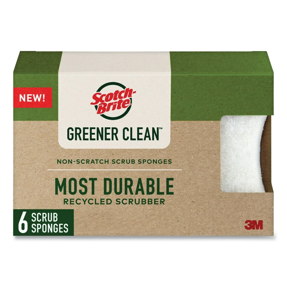 Scotch-Brite 7100290027 Greener Clean 2.6 in. x 3.3 in. x 0.7 in. Non-Scratch Scrub Sponge - White (6/Pack)