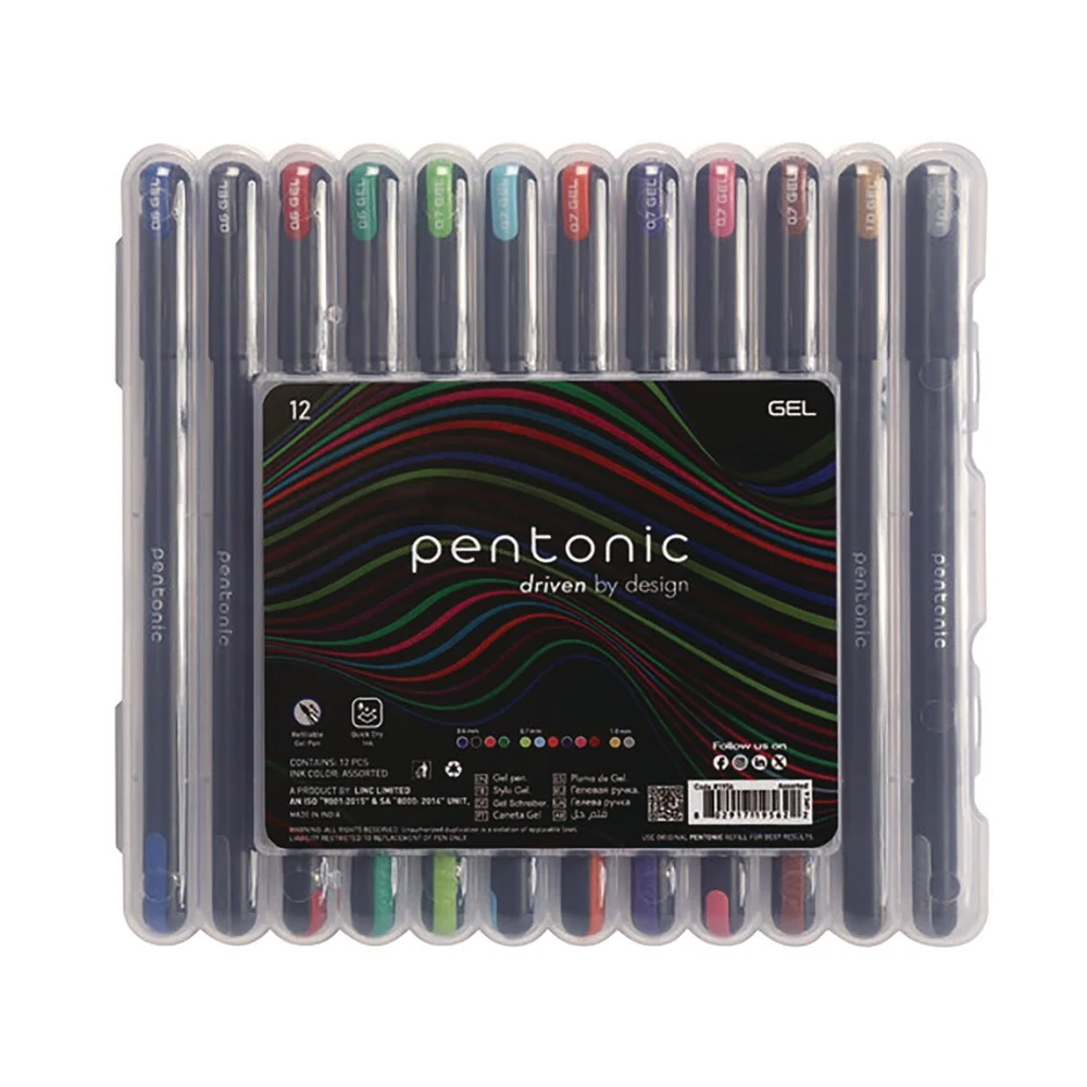 TOPS Assorted Point Sizes PENTONIC Stick Gel Pen - Assorted Ink Colors/Black Barrel (12/Pack)