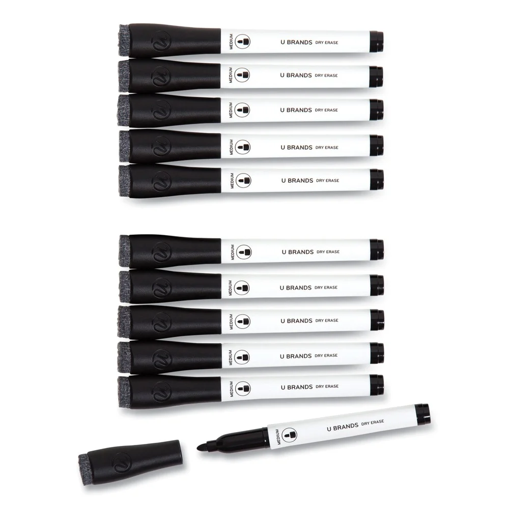 U Brands Medium Bullet Tip Medium Point Low-Odor Dry-Erase Markers with Erasers - Black (1 Dozen)
