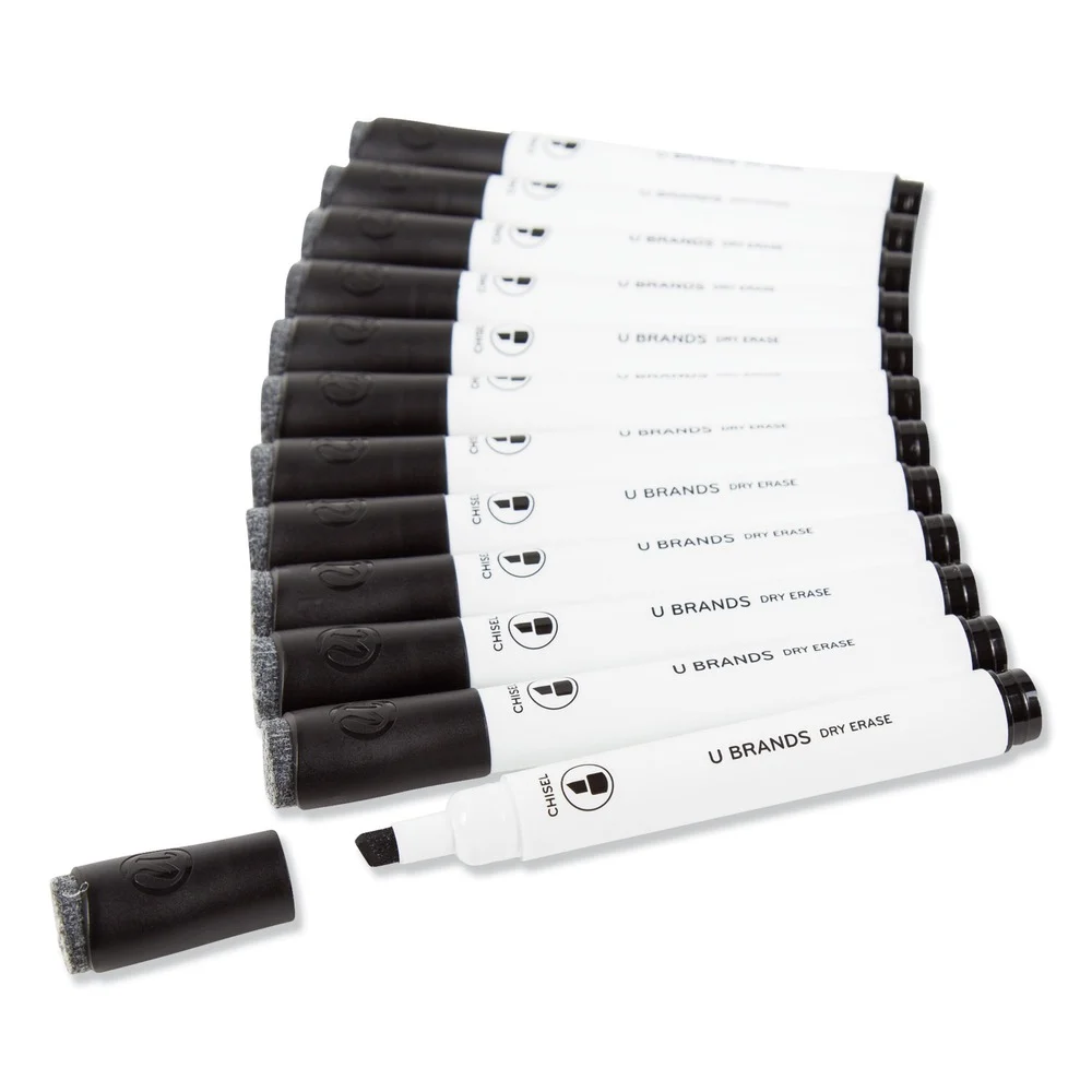 U Brands Low-Odor Dry-Erase Markers with Erasers - Black/Broad Chisel Tip (1-Dozen)