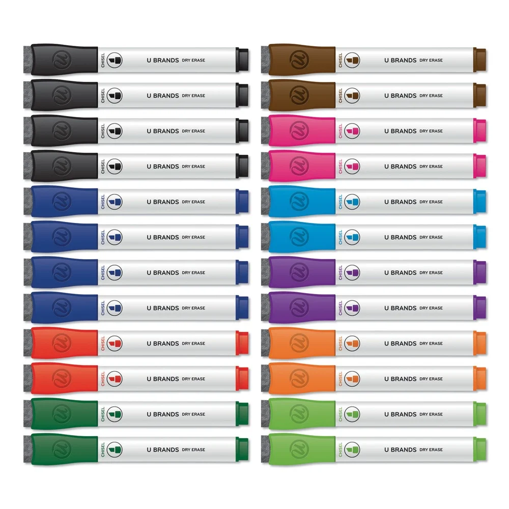 U Brands Broad Chisel Tip Chisel Tip Low-Odor Dry-Erase Markers with Erasers - Assorted Colors (24/Pack)