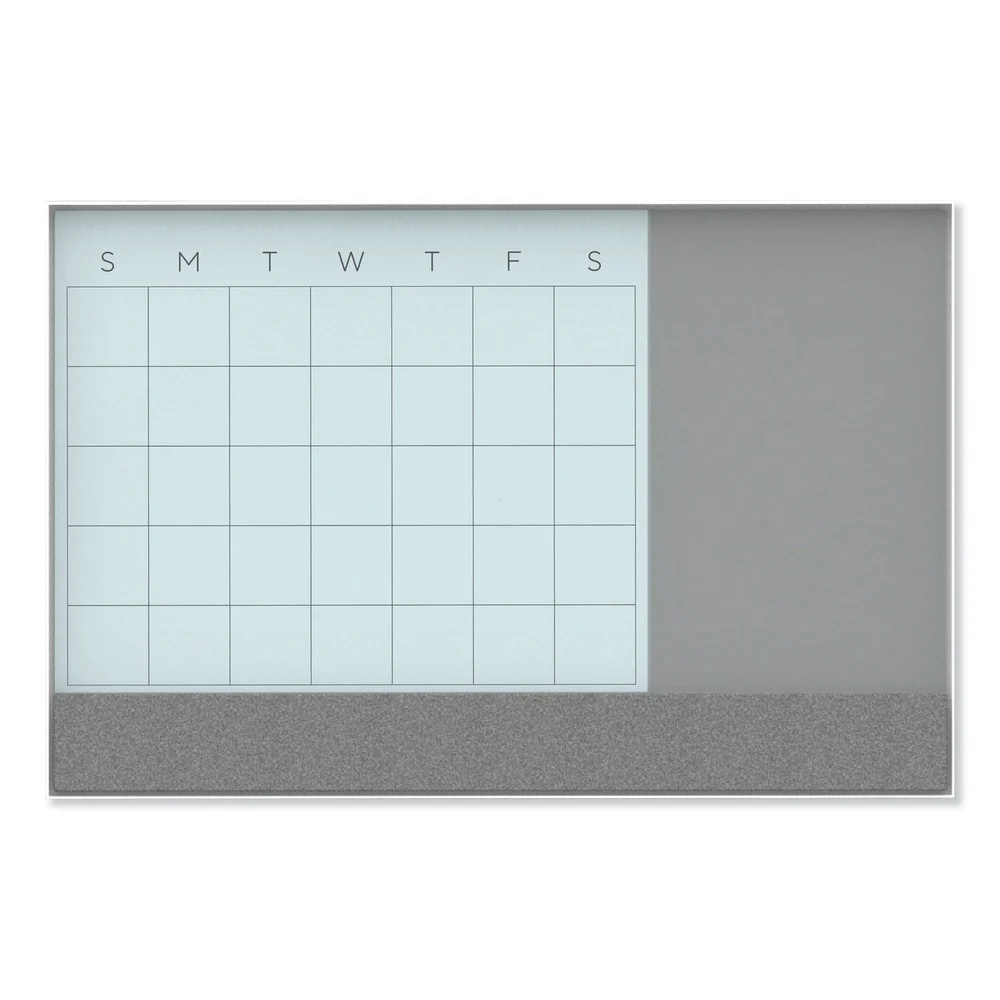 U Brands 23 in. x 17 in. Monthly View 3-N-1 Magnetic Glass Dry Erase Combo Board - White Aluminum