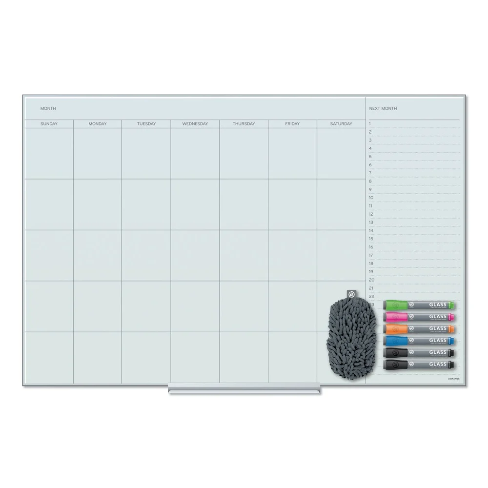 U Brands 35 x 23 Floating Glass Dry Erase Undated One Month Calendar - White