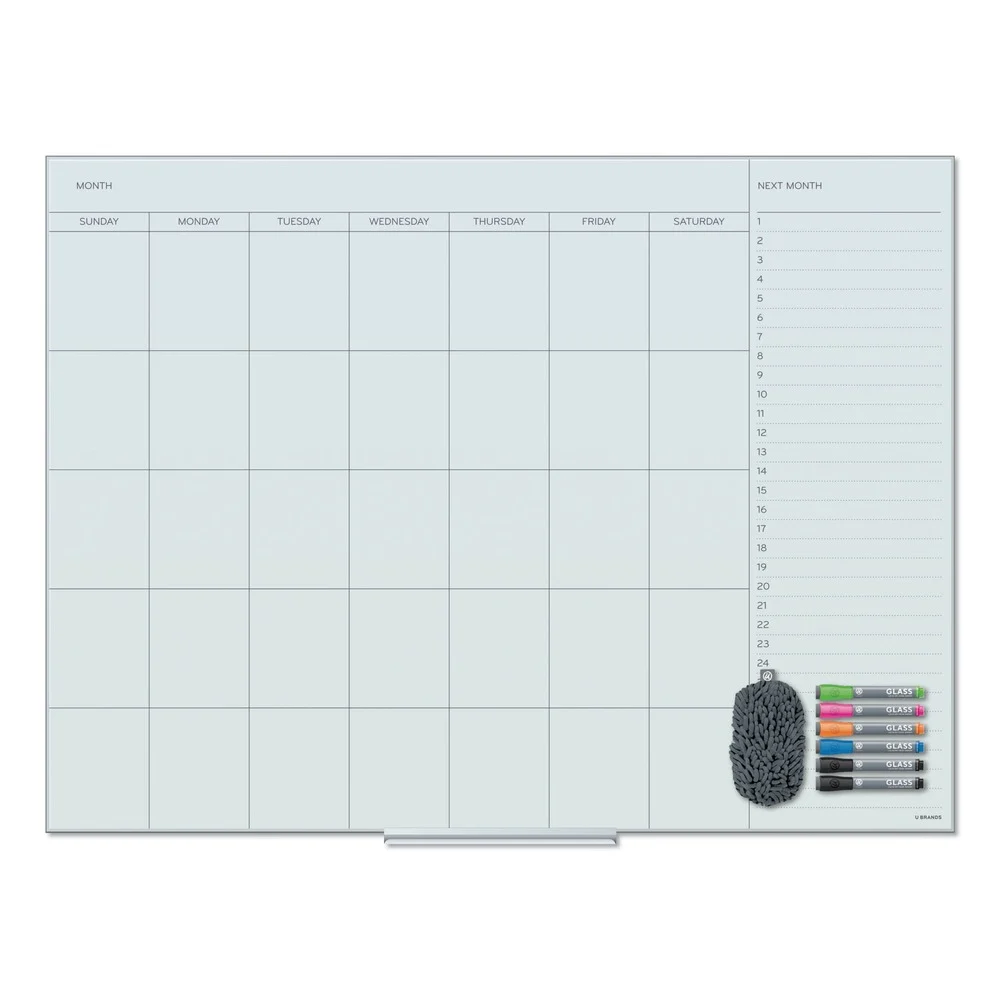 U Brands 47 x 35 Floating Glass Dry Erase Undated One Month Calendar - White