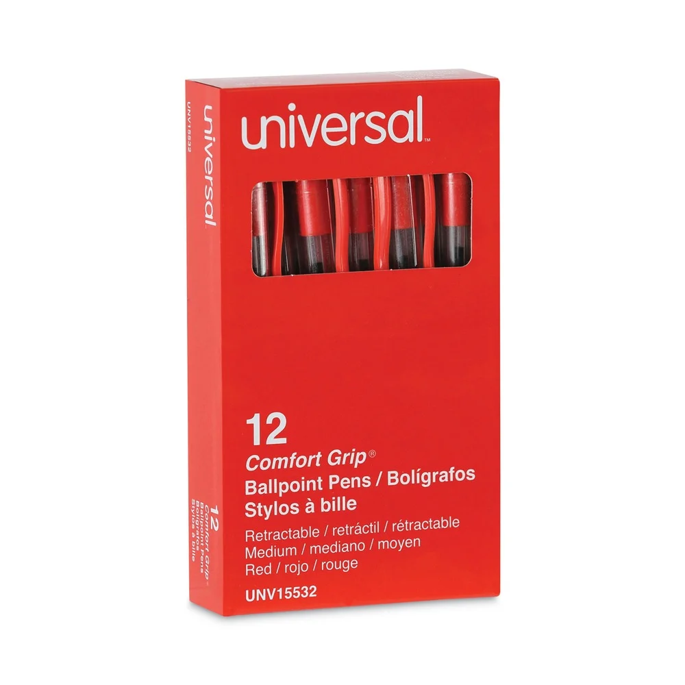 Universal 1 mm Comfort Grip Retractable Ballpoint Pen - Medium, Red (1 Dozen)