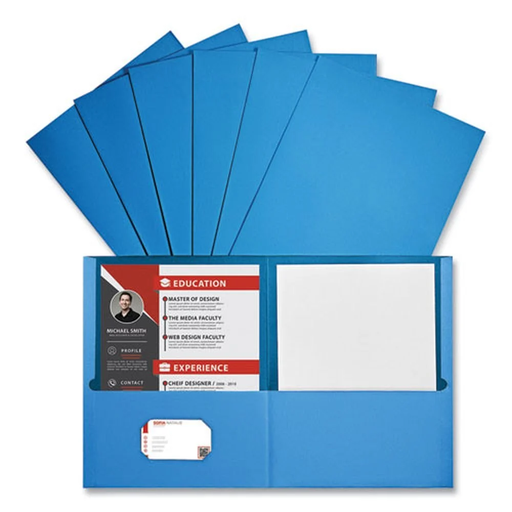 Universal 11 in. x 8.5 in. Embossed Leather Grain Paper 2-Pocket Portfolio - Light Blue (25/Box)