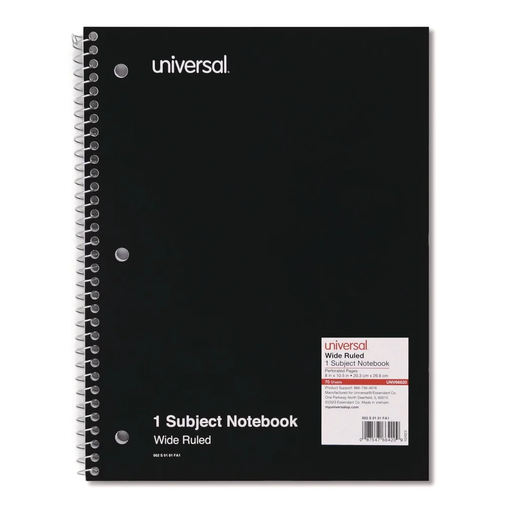 Universal 10.5 in. x 8 in. 1-Subject Wide/Legal Rule Wirebound Notebook - Black Cover