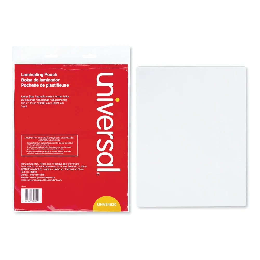 Universal 9 in. x 11.5 in. 3 mil Laminating Pouches - Gloss Clear (25/Pack)