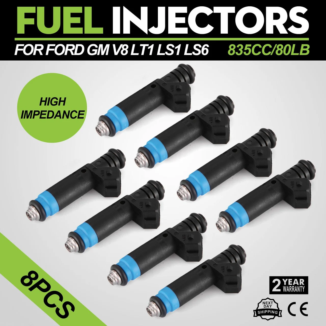 New 80 LB High Impedance Fuel Injectors EV1 Set (8) For Ford GM V8 LT1 LS1 LS6 835CC 110324 FI114992