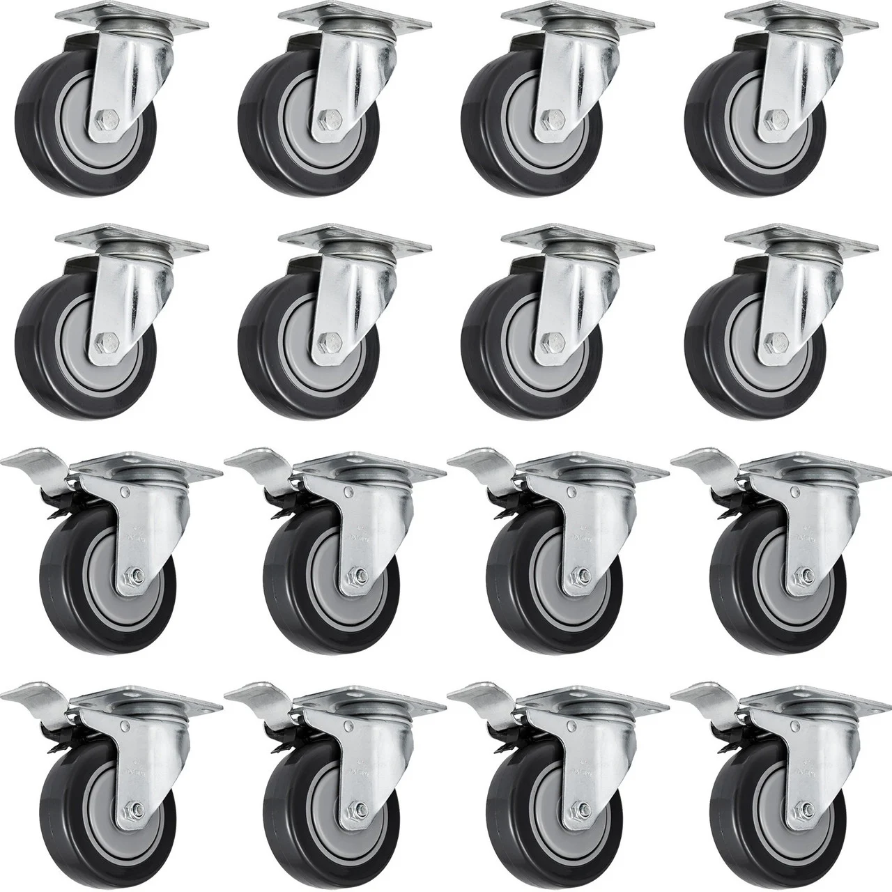 16 Brake Wheel Caster 5" Wheel All Swivel Heavy Duty Iron Hub No Mark Casters