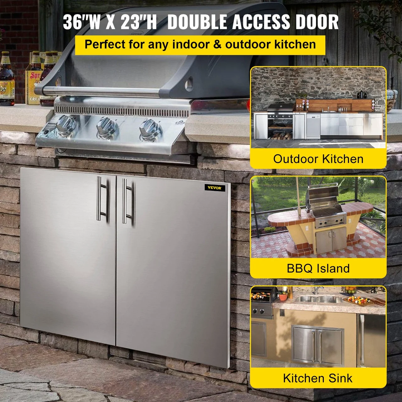 BBQ Access Double Door 36W x 23H Inch BBQ Door Stainless Steel with Storage Outdoor Kitchen Doors for Commercial BBQ Island