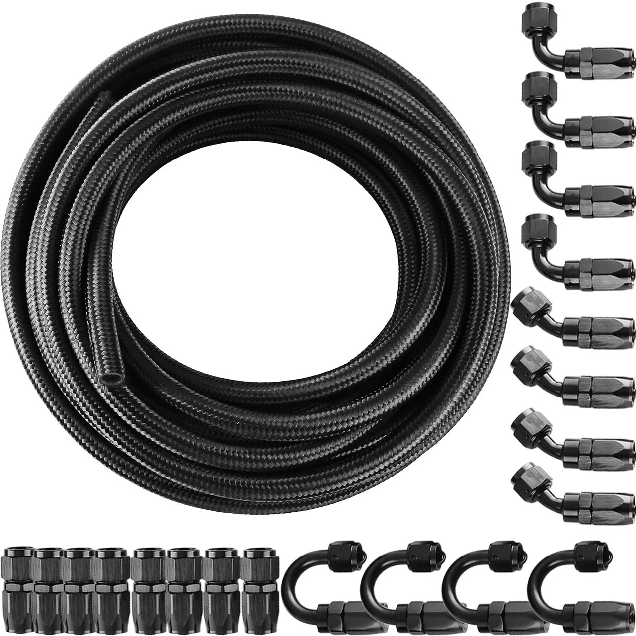 AN6 Nylon Stainless Steel Braided Fuel Hose Fuel Adapter Kit Oil Line 32.8FT