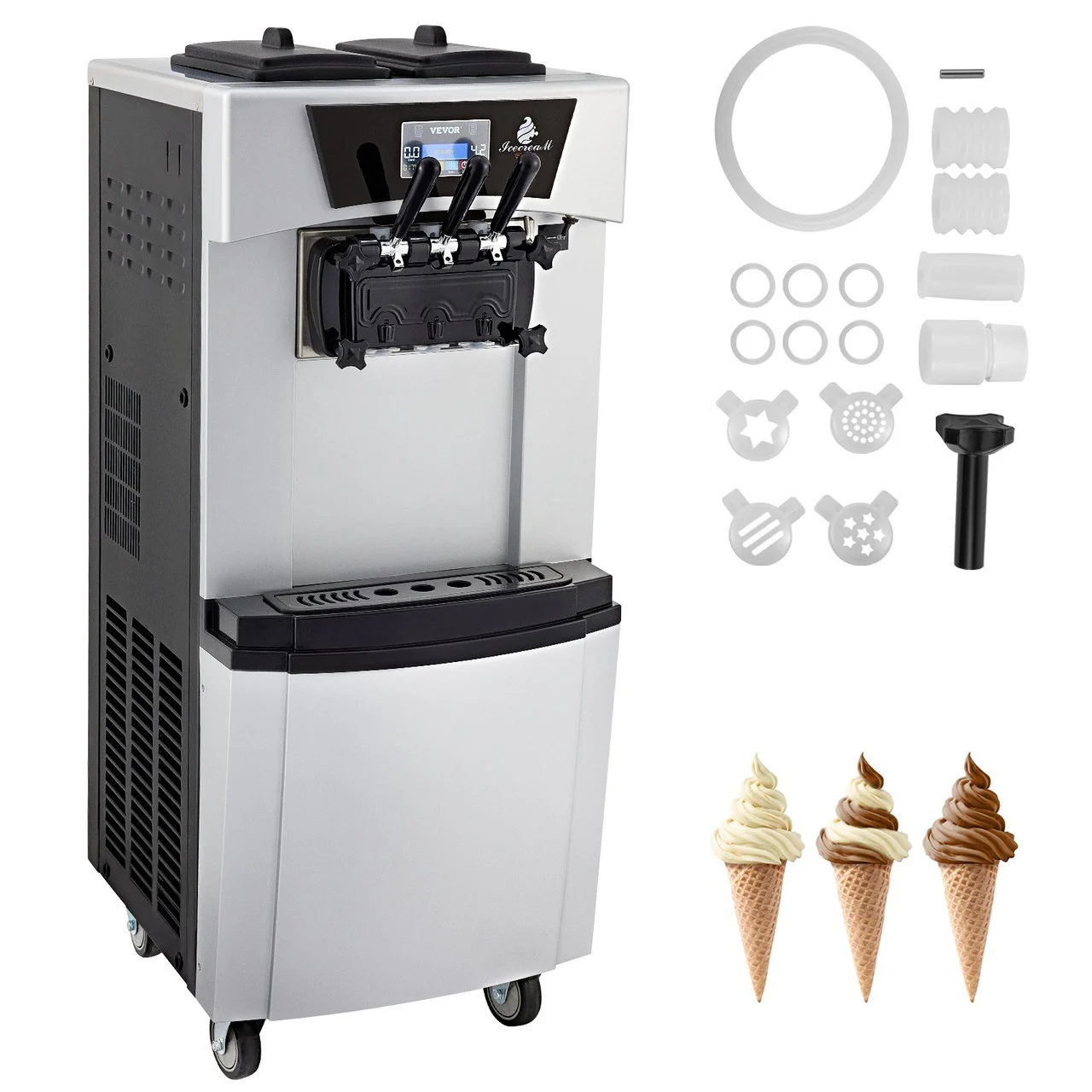 Commercial Ice Cream Machine, 20-30L/H Yield, 2+1 Flavors Soft Serve Machine w/ Two 7L Hoppers 1.8L Cylinders Puffing Pre-Cooling Shortage Alarm, 2450W Frozen Yogurt Maker for Snack Bar Caf
