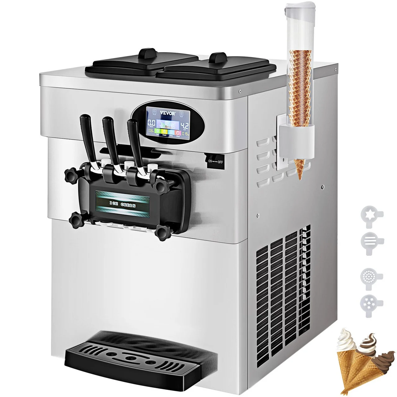 2200W Commercial Soft Ice Cream Machine 3 Flavors 5.3 to 7.4Gallons per Hour PreCooling at Night Auto Clean LCD Panel for Restaurants Snack Bar, Silver