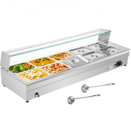 110V Bain Marie Food Warmer 10 Pan x 1/2 GN?Food Grade Stainelss Steel Commercial Food Steam Table 6-Inch Deep, 1500W Electric Countertop Food Warmer 110 Quart with Tempered Glass Shield
