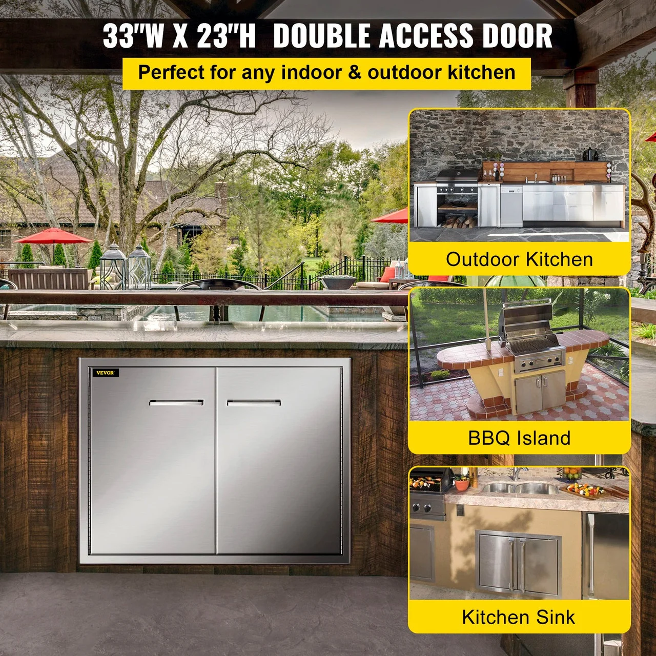 Double BBQ Access Door, 33''Wx23''H Outdoor Kitchen Doors, Double Wall Construction Outdoor Cabinets with Hooks, Brushed 304 Stainless Steel BBQ Door, for BBQ Island Grill Station