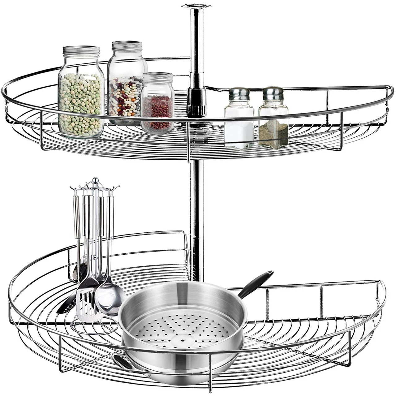 Kidney Chrome Lazy Susan, 24-inch Diameter, 360ø Rotating 2-Shelf Carbon Steel Blind Corner Cabinet Organizer with 66 lbs Total Load Capacity & Adjustable Height, Perfect for Kitchen Storage