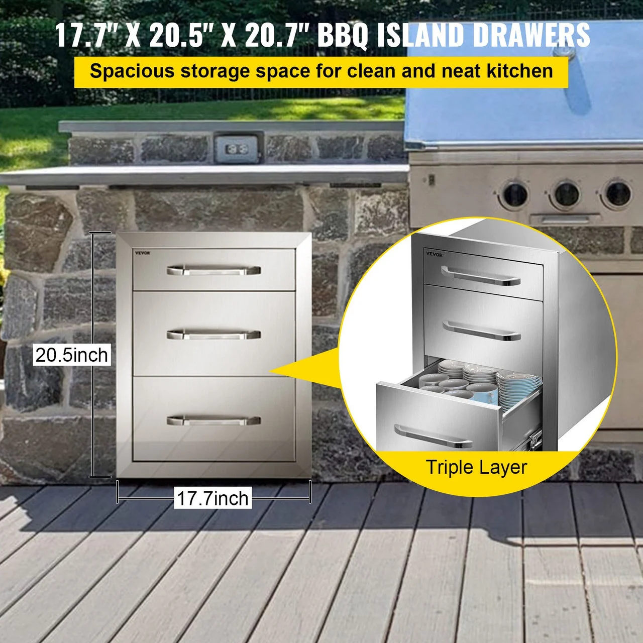 Outdoor Kitchen Drawers 18" W x 20.5" H x 20.5" D, Flush Mount Triple Access BBQ Drawers with Stainless Steel Handle, BBQ Island Drawers for Outdoor Kitchens or BBQ Island Patio Grill Station