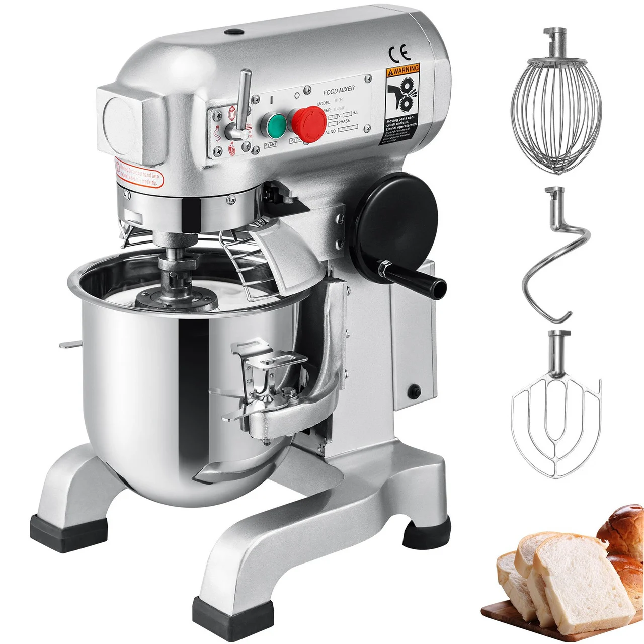 Commercial Food Mixer 20Qt 750W 3 Speeds Adjustable 105 180 and 408 RPM Food Processor Heavy Duty with Stainless Steel Bowl Dough Hooks Whisk Beater for Schools Bakeries Restaurants Pizzeria