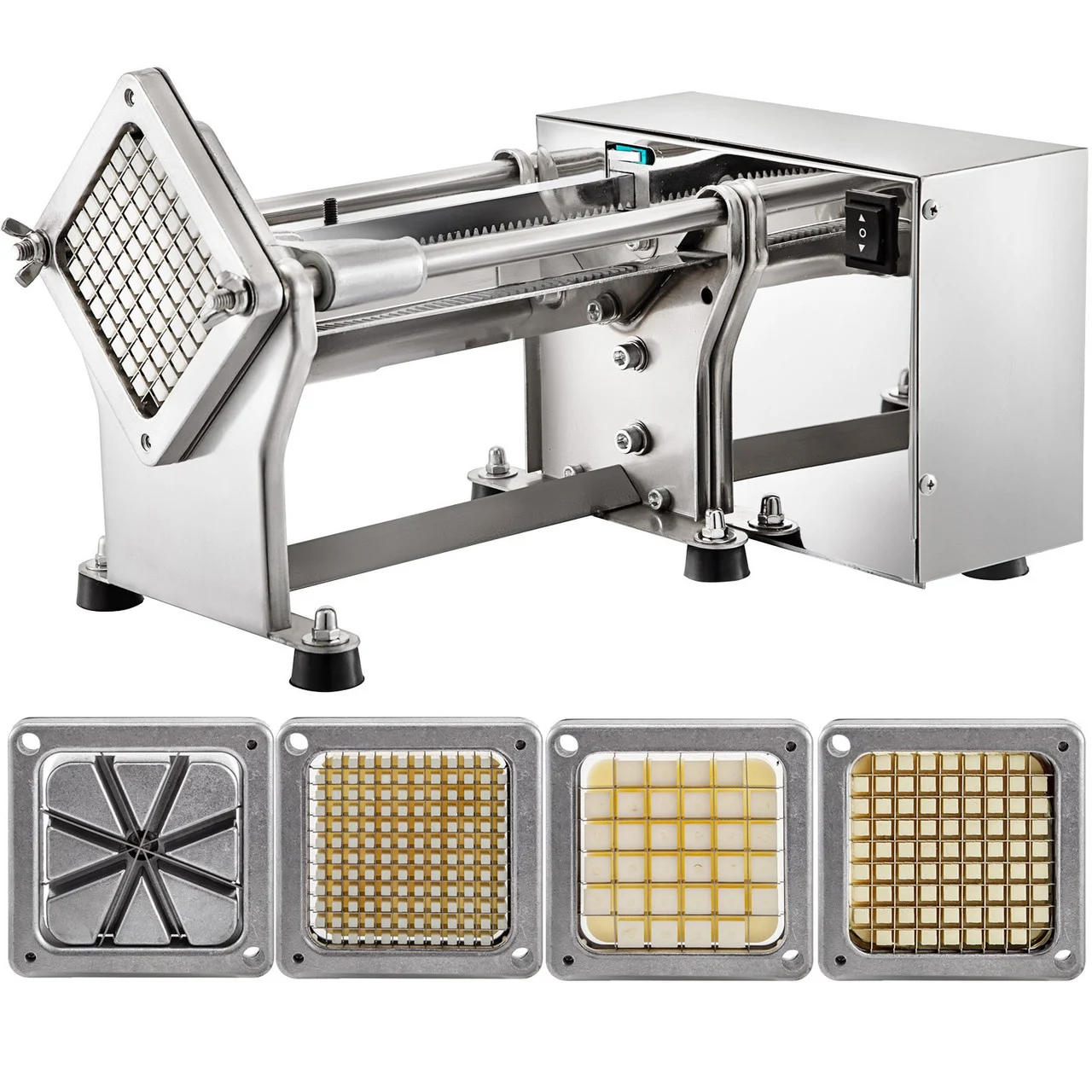 Electric French Fry Cutter with 6mm 9mm 13mm and 8-Wedge Blade Potato Chip Cutter Machine 110V 40W Stainless Steel Electric Potato Cutter Horizontal