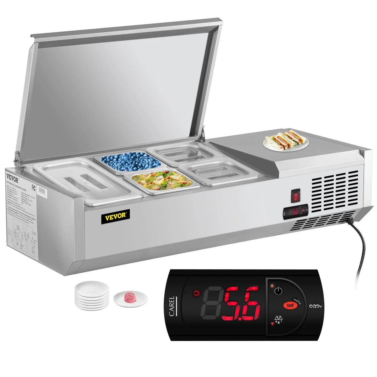 Refrigerated Condiment Prep Station, 40-Inch, 7.8 Qt Sandwich/Salad Prep Table with 1 1/3 Pan & 4 1/6 Pans, 150W Salad Bar with 304 Stainless Body and Cover Temp Adjuster One-Click Defrosting