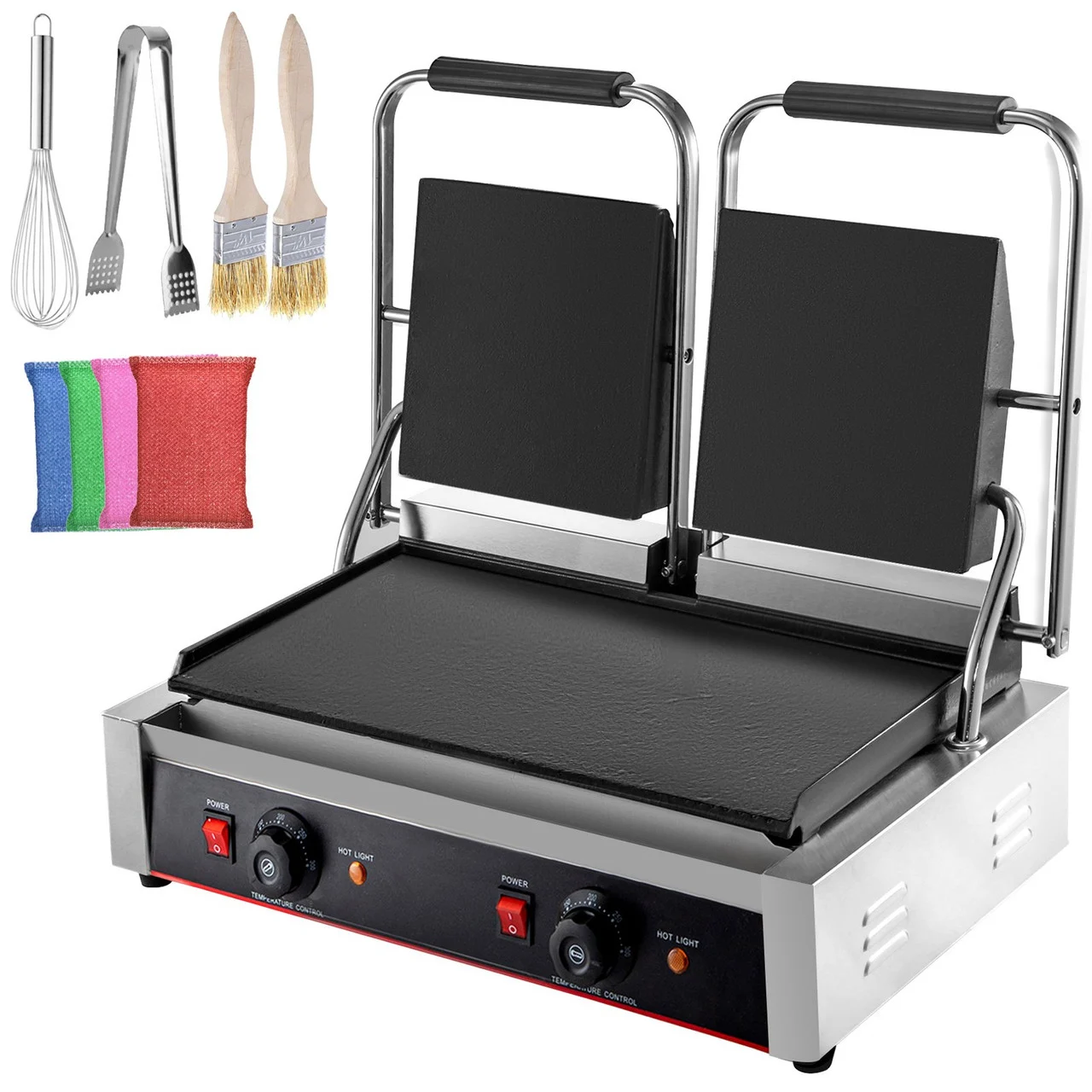 Commercial Sandwich Panini Press Grill, 2X1800W Double Flat Plates Electric Stainless Steel Sandwich Maker, Temperature Control 122øF-572øF Non Stick Surface for Hamburgers Steaks Bacons.
