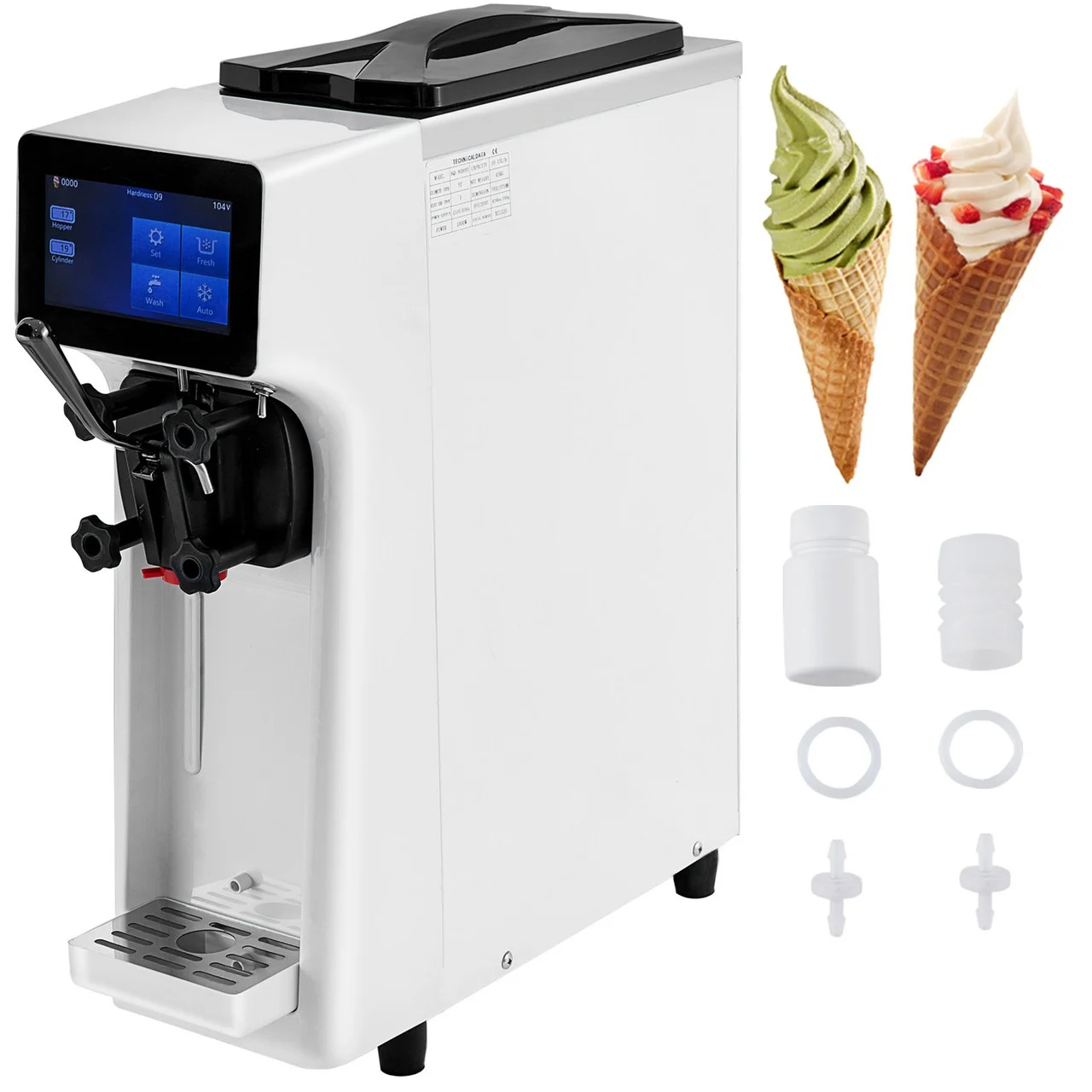 Commercial Ice Cream Maker, 10-20L/H Yield, 1000W Countertop Soft Serve Machine with 4.5L Hopper 1.6L Cylinder Touch Screen Puffing Shortage Alarm, Frozen Yogurt Maker for Caf Snack Bar, White