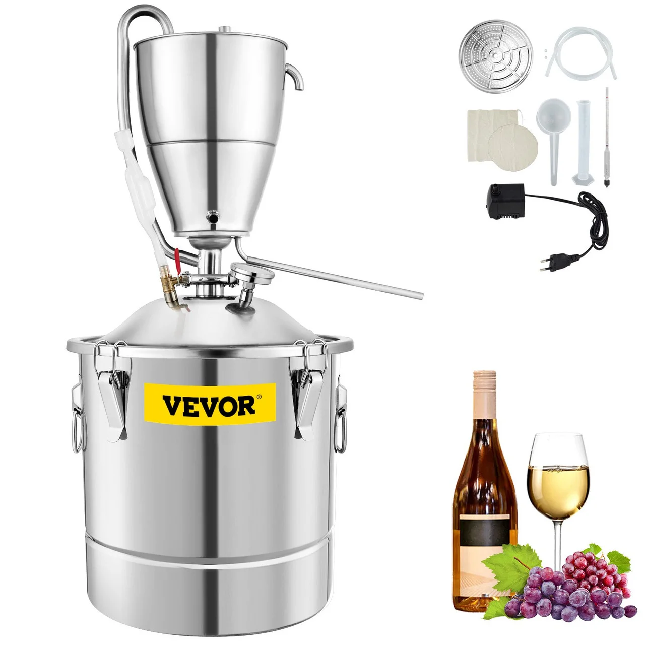 Water Alcohol Distiller, 8 Gal/30 L, 304 Stainless Steel Still w/ 6-Lap Coil & Exhaust Port, Home Distillery Kit w/Thermometer Pump, Oxygen-Free Steaming for Purer Whiskey Brandy Essential Oil