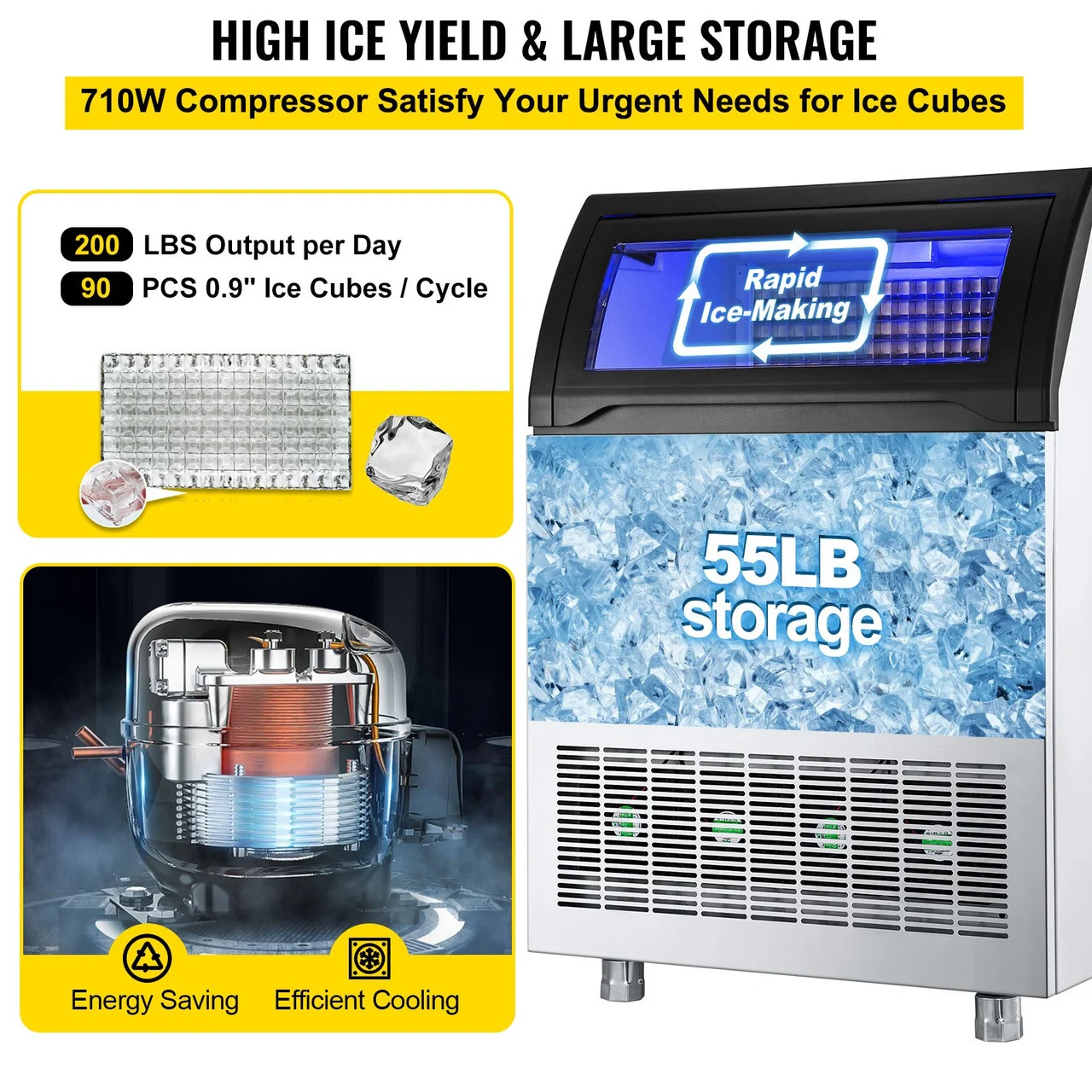 110V Commercial Ice Maker Machine 200LBS/24H, 710W Stainless Steel Ice Machine with 55LBS Storage Capacity, 90 Ice Cubes Ready in 11-15Mins, Includes Water Filter and Connection Hose