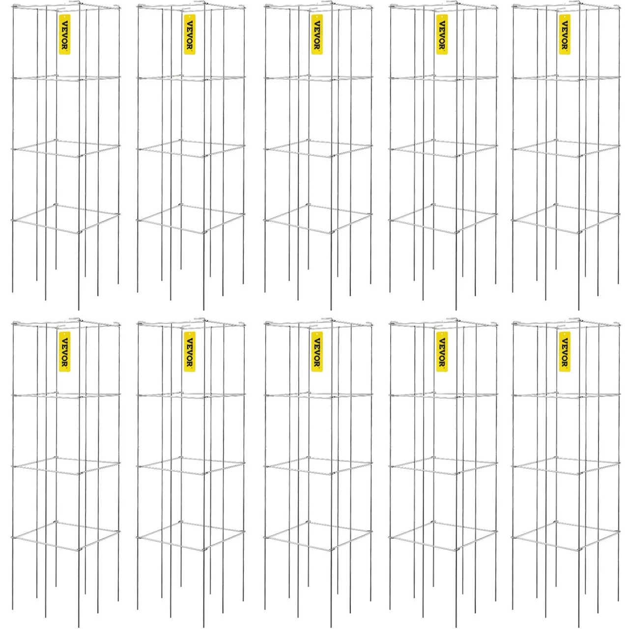Tomato Cages, 11.8" x 11.8" x 46.1", 10 Packs Square Plant Support Cages, Silver PVC-Coated Steel Tomato Towers for Climbing Vegetables, Plants, Flowers, Fruits