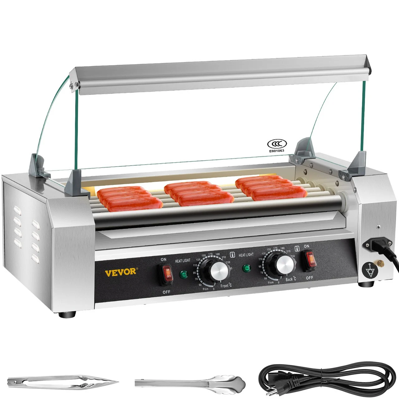 Hot Dog Roller, 12 Hot Dog Capacity 5 Rollers, 750W Stainless Steel Cook Warmer Machine with Cover & Dual Temp Control, LED Light & Detachable Drip Tray, Sausage Grill Cooker for Kitchen Canteen