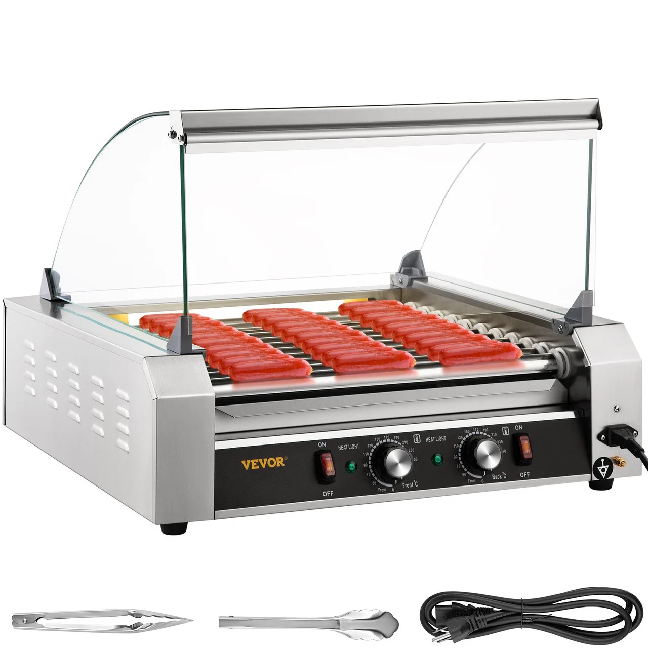 Hot Dog Roller, 30 Hot Dog Capacity 11 Rollers, 1800W Stainless Steel Cook Warmer Machine w/ Cover & Dual Temp Control, LED Light & Detachable Drip Tray, Sausage Grill Cooker for Kitchen Canteen