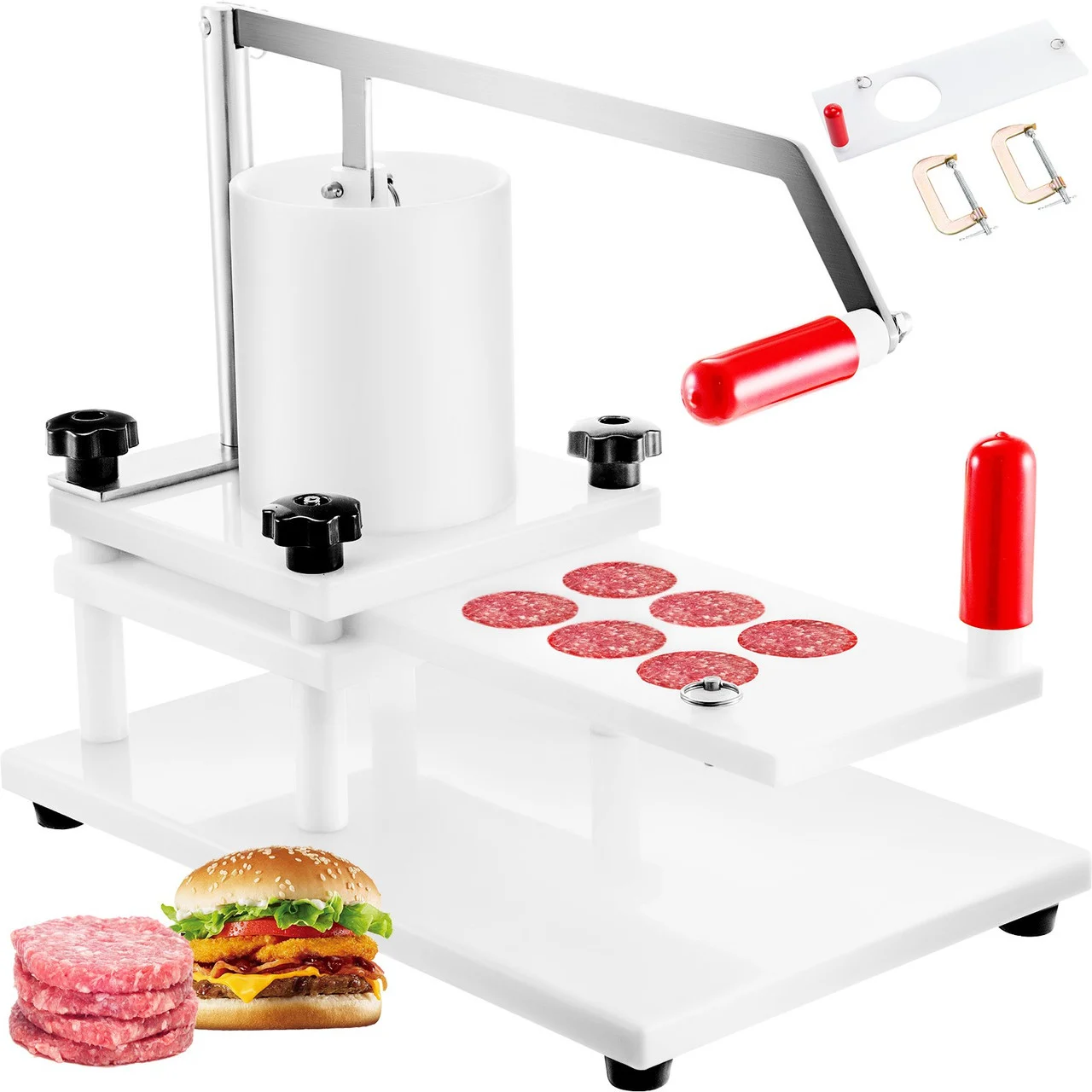 Burger Commercial Buger Press 55mm/2.15inch and 130mm/5inch, Manual Meat Maker PE Material with Tabletop Fixed Design Forming Processor Machine with 2 Sets of Patties Model, 5inch, White