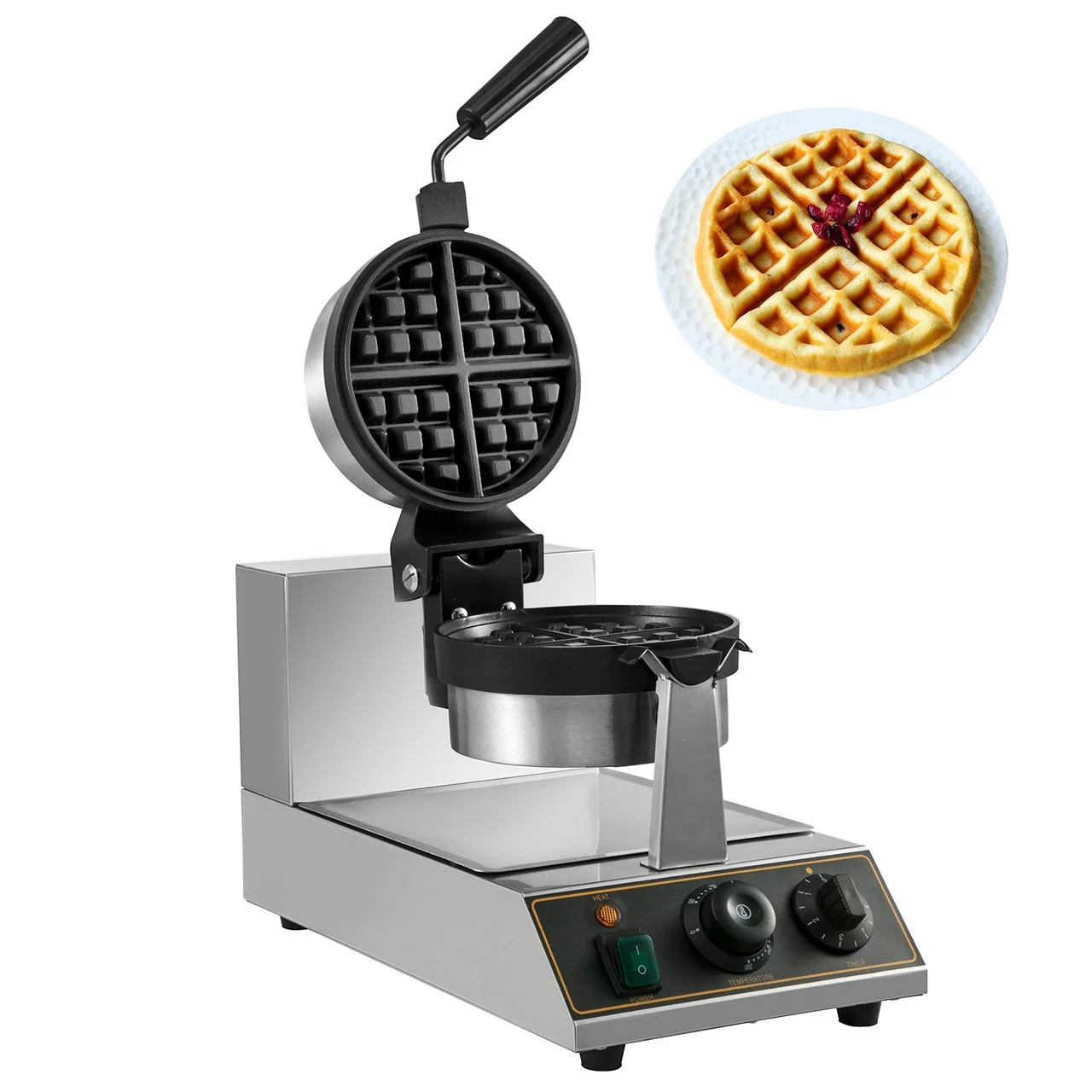 110V Commercial Round Waffle Maker Nonstick Rotated 1100W Electric Waffle Machine Stainless Steel Temperature and Time Control Suitable for Bakeries Snack Bar Family